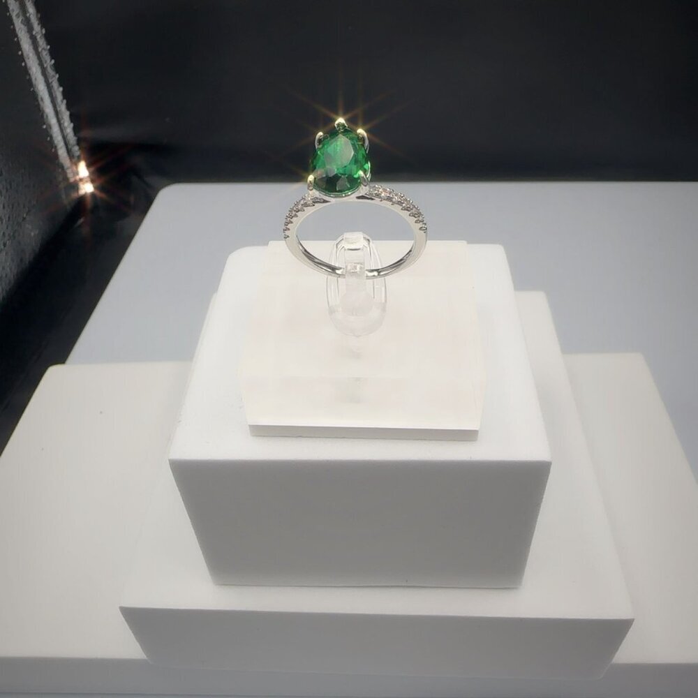Sterling Silver Ring With Pear-Cut Green Gemstone & Pave Accent Stones - Picture 3 of 10